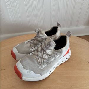 On Cloud White Gray and Orange Sneakers